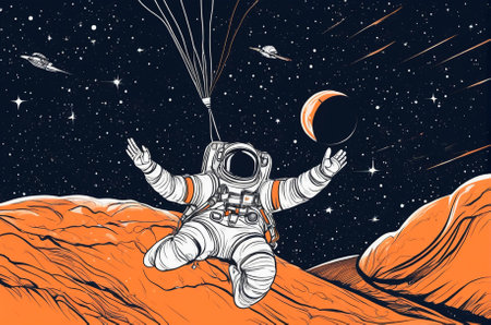 Astronaut parachutes to the surface of the planet, vector style Generative AIの素材