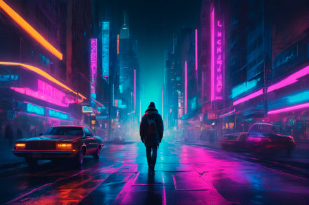 Man walking through a city at night with neon lights. Generative AIの素材