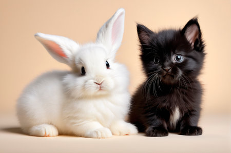 Black kitten next to a white rabbit. Generative AIの素材