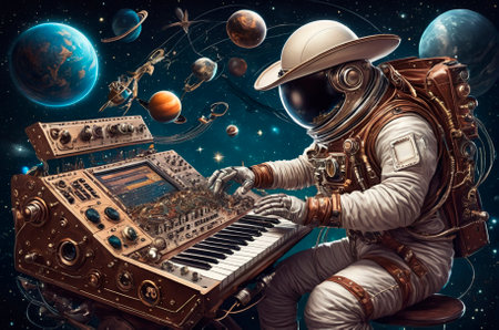 Astronaut in a cowboy hat plays a strange synthesizer in a steampunk recording studio floating in outer space. Generative AIの素材