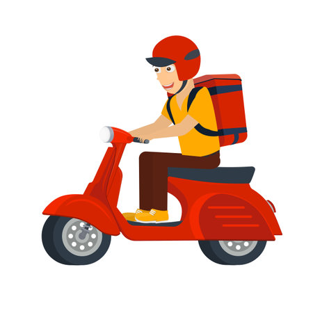 Delivery man on a scooter. Delivery service courier, vector illustrationのイラスト素材