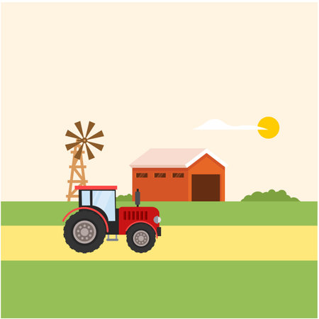 Rural landscape with a farm. Village barn, mill, tractor, vector illustrationのイラスト素材