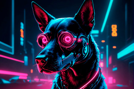 Futuristic image of a dog with robotic eyes, illustration, neon aesthetics, neo-noir, cyberpunk. Generative AI.の素材