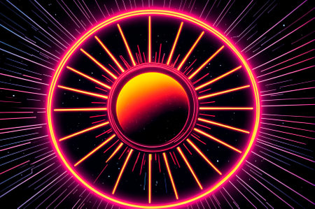 Digital sun in space, illustration, neon aesthetics, neo-noir, cyberpunk. Generative AI.の素材