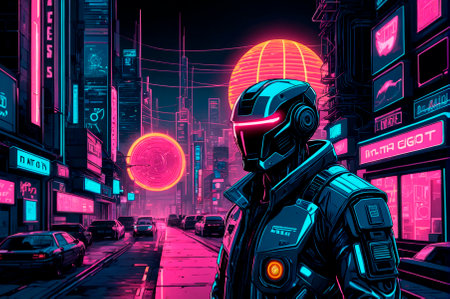 Cyborg on the street of a cyberpunk city. Generative AI.の素材