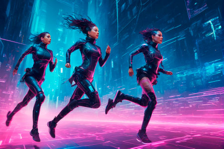 Computer code is polymorphic in the form of running and flying women in the cyberpunk style. Generative AI.の素材