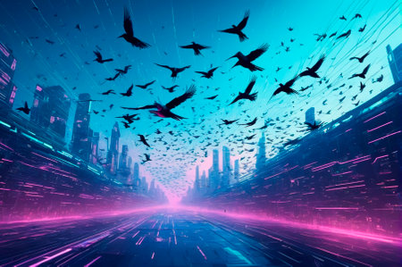 Flying birds in the cyberpunk style. Generative AI.の素材
