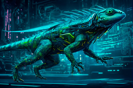 Polymorphic in the form of running lizards in the cyberpunk style. Generative AI.の素材