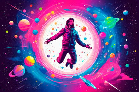Man floating in space surrounded by colorful planets and stars. Generative AI.の素材