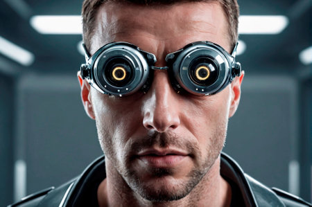 Men with robotic eyes. Generative AI.の素材