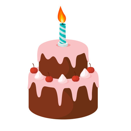 Birthday cake. Festive candle on a pie, vector illustration.
