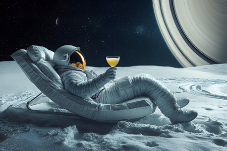 Astronaut is relaxing on a chaise longue with a cocktail, watching in outer space. Generative AI.の写真素材