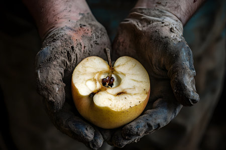 Dirty hands are holding an apple core.の写真素材