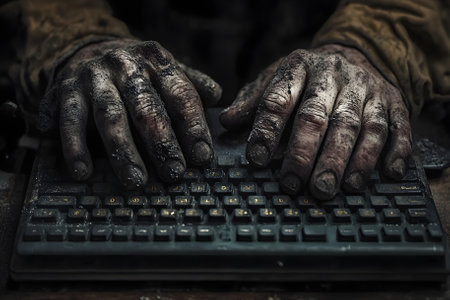 Dirty hands typing on a computer keyboard. Generative AI.の写真素材