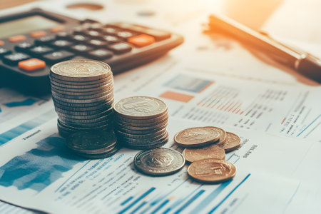 Stack of coins on financial documents with a calculator. Generative AI.の写真素材