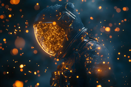 Astronaut with glowing particles on a dark background, symbolizing energy. Generative AI.
