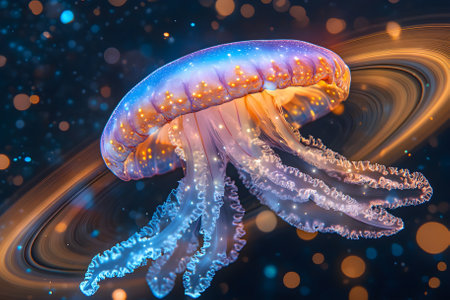 Beautiful jellyfish in bright glowing colors, in outer space. Generative AI.の写真素材