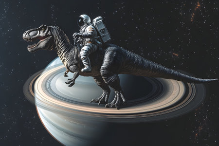 Astronaut riding a tyrannosaurus on Saturn's rings in outer space Generative AI.