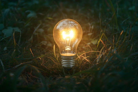 Lighted light bulb on the grass. Generative AI.の写真素材