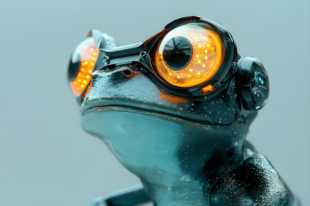 Portrait of a robotic frog in high-tech 3d glasses. Generative AIの写真素材