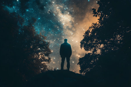 Man alone contemplates the mysterious universe. Generative AI.の写真素材