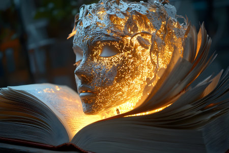 Artificial intelligence feeds on knowledge from a book. Generative AI.の写真素材