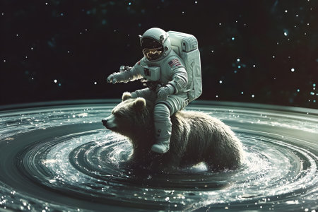 Astronaut riding a bear in outer space. Generative AI.の写真素材