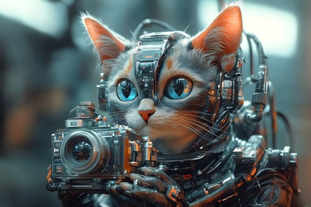 Futuristic portrait of a cat with a camera, highly detailed. Generative AI.の写真素材