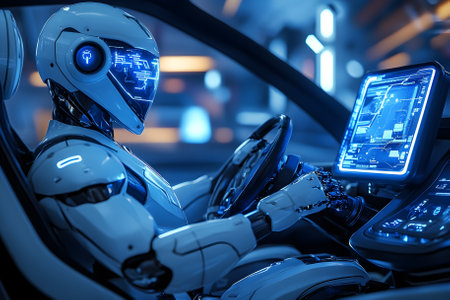 Futuristic scene with a high-tech robot driver. Generative AI.の写真素材