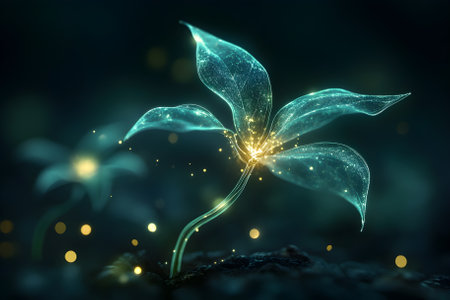Flower X-rayed with particles on a dark background, symbolizing energy. Generative AI.