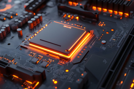Motherboard has a neon back light. Generative AI.