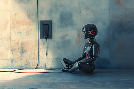 Robot is sitting, connected by a wire to an outlet. Generative AI.の写真素材
