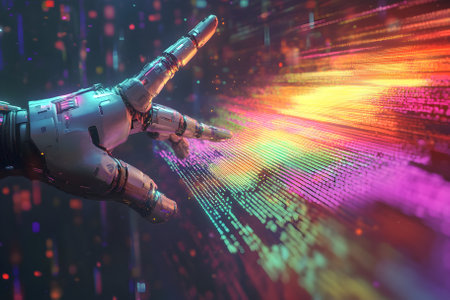 Digital code, with the robot's outstretched hand. Generative AI.