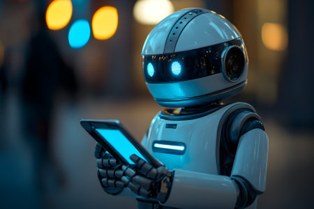 Android robot with a smartphone. Generative AI.の写真素材
