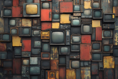 Wall of a lot of old TVs, a background. Generative AI.の写真素材