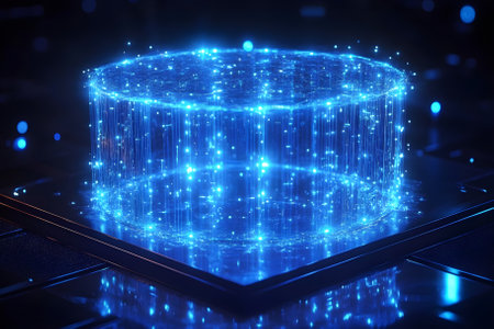 Quantum computer with glowing particles on a dark background, symbolizing energy. Generative AI.