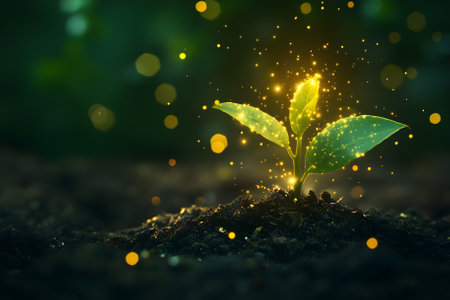 Flower with particles on a dark background, symbolizing energy. Generative AI.の写真素材