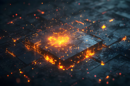 Energy cube with glowing particles on a dark background, symbolizing energy. Generative AI.