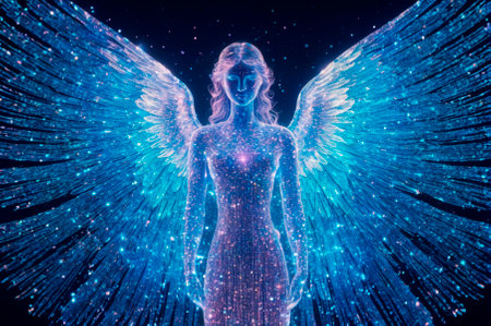 Holographic angel made of many particles. Generative AI.の写真素材
