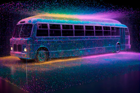 Holographic bus made of many particles. Generative AI.の写真素材