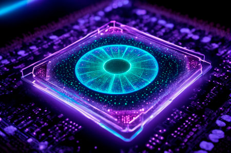 A holographic nuclear reactor on a computer chip, with glowing particles on a dark background,...