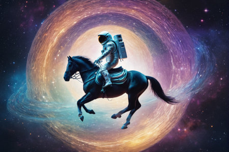 A holographic Astronaut riding a horse on the rings of Saturn in outer space made up of many particles. Generative AI.の写真素材