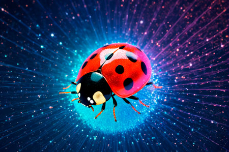 Holographic ladybug consisting of many particles in the sky. Generative AI.