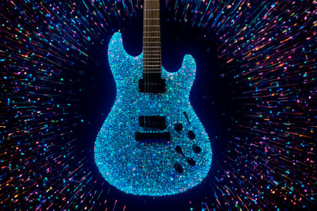 Holographic a guitar made of many particles. Generative AI.