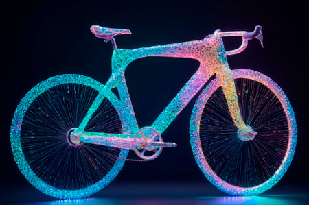 Holographic bicycle made of many particles. Generative AI.
