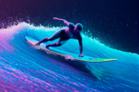 Holographic surfer made of many particles. Generative AI.