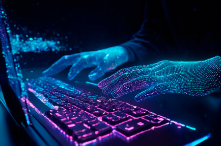 Holographic hands typing on a computer keyboard, made up of many particles. Generative AIの写真素材