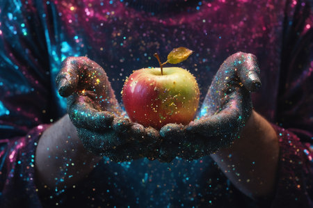 A holographic Dirty hands are holding an apple, made up of many particles. Generative AI.の写真素材