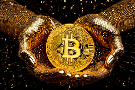 A holographic hands are holding gold coins made up of many particles. Generative AI.の写真素材