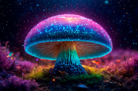 Holographic mushroom nature of the earth, made up of many particles. Generative AI.の写真素材